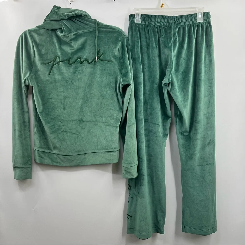 PINK Victoria’s Secret Velour Tracksuit Set Green Hoodie Pants Small Y2K